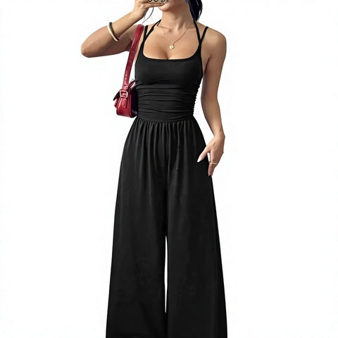 Strap wide-leg jumpsuit with elastic waist