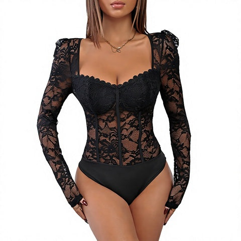 Square neck lace-trim high-stretch bodysuit