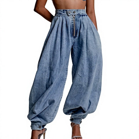 High-waisted zipper jogger jeans, loose retro fit
