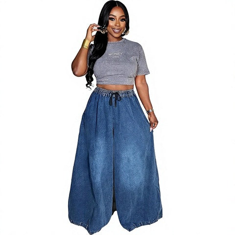 Straight wide-leg jeans with elastic drawstring waist