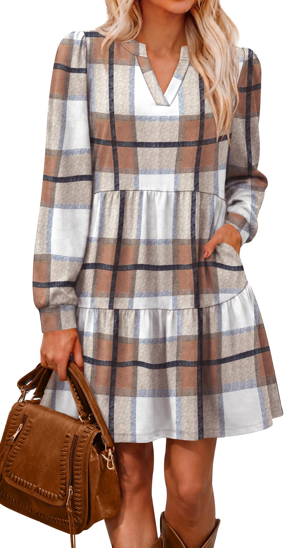 Fall Dresses for Women V Neck Long Sleeve Tiered Dress with Pockets