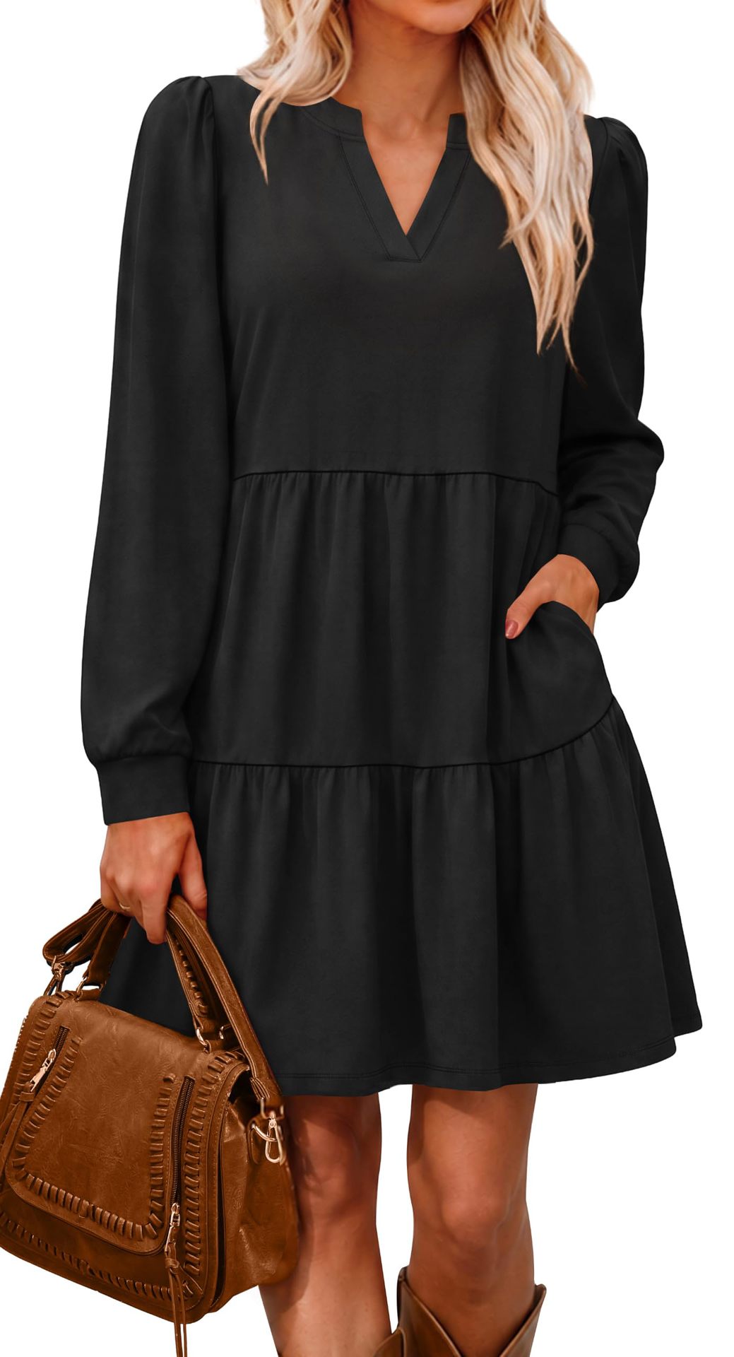 Fall Dresses for Women V Neck Long Sleeve Tiered Dress with Pockets