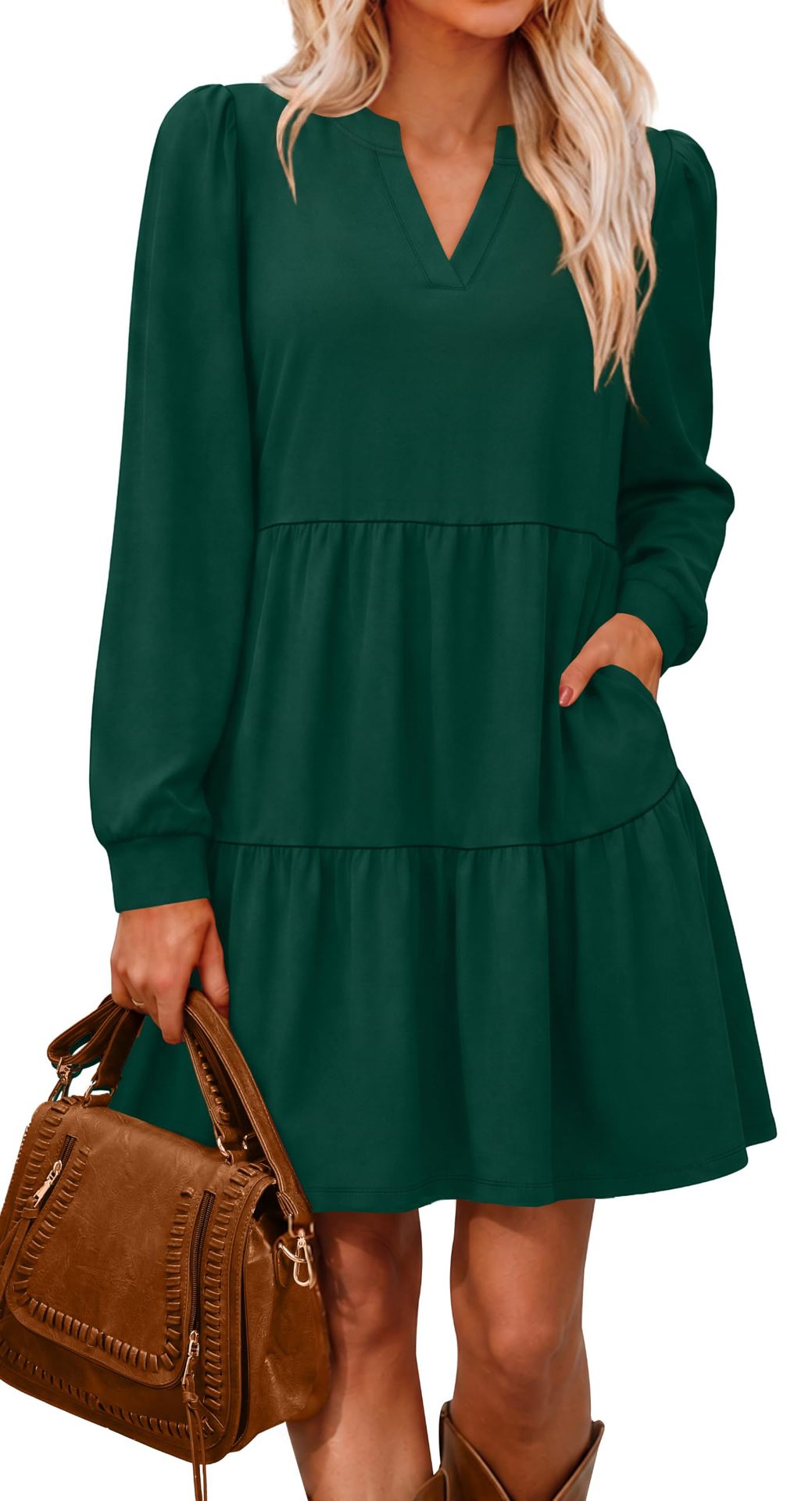 Fall Dresses for Women V Neck Long Sleeve Tiered Dress with Pockets